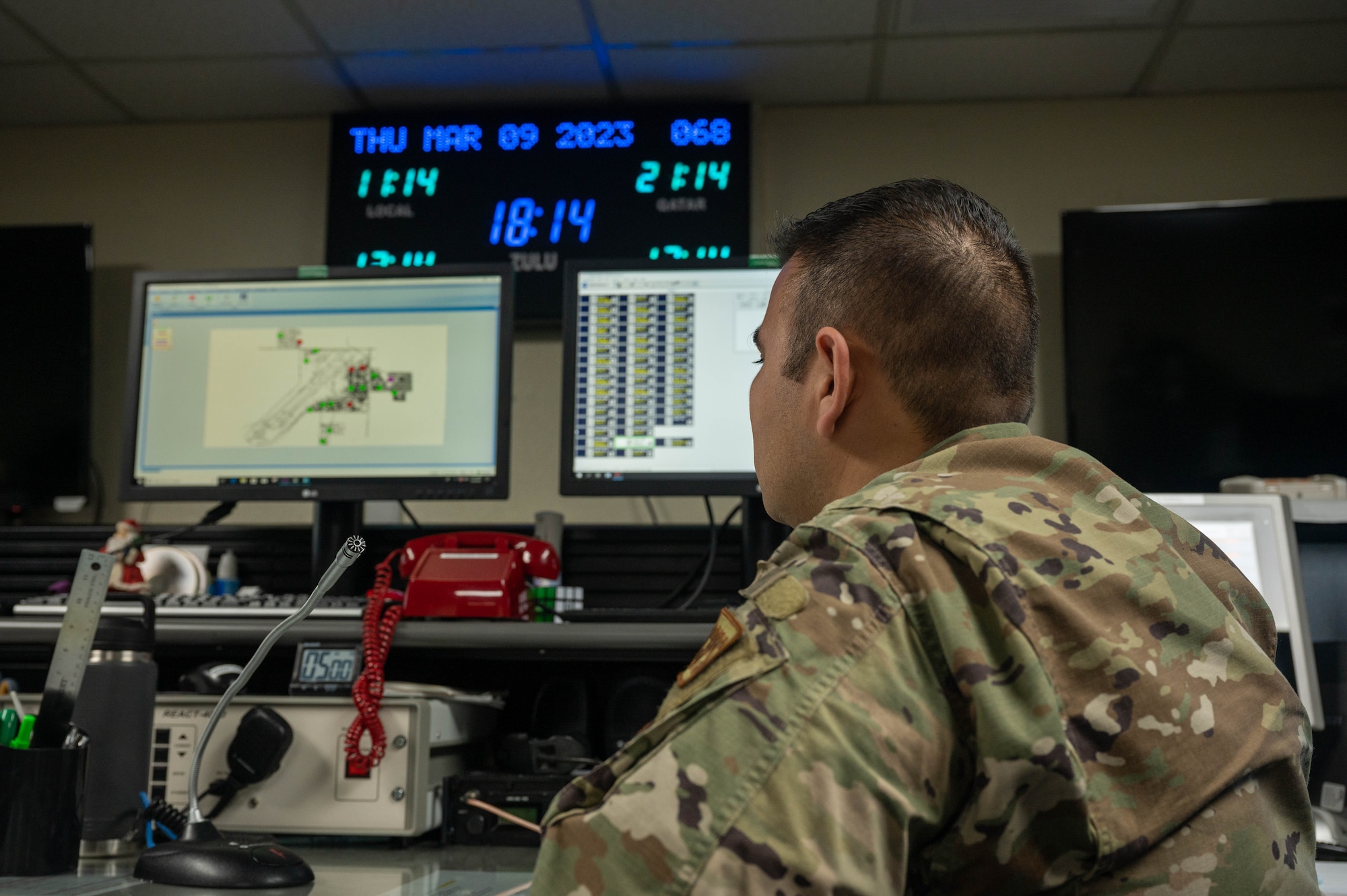 U.S. Air Force Tech. Sgt. Miguel Rodriguez, 56th Fighter Wing Command Post systems non-commissioned officer in charge, looks over various information maps, March 9, 2023, at Luke Air Force Base, Arizona.