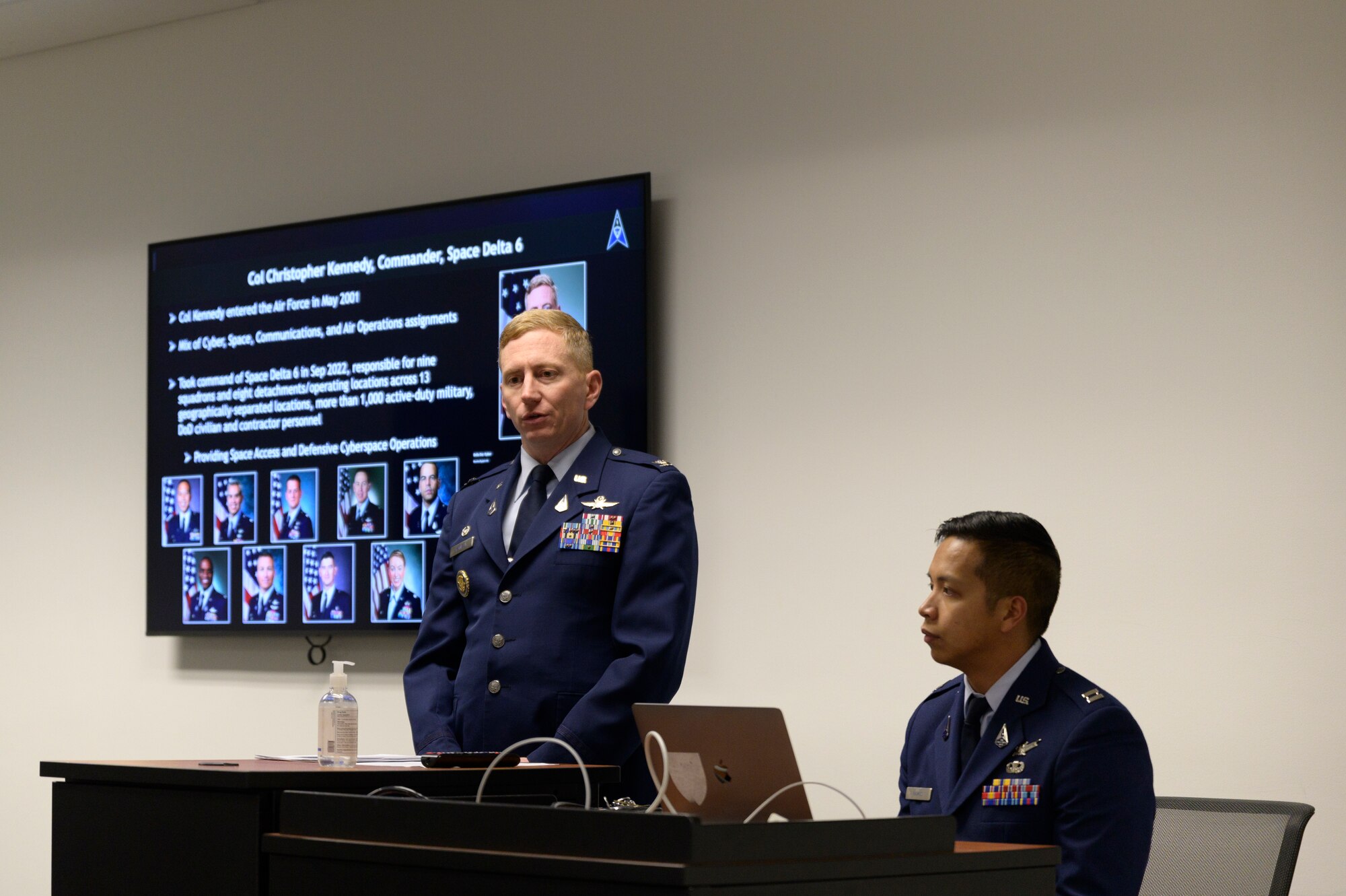 Col. Chris Kennedy (left), Space Delta 6 commander, spoke March 16, 2023, as part of the University of Colorado - Colorado Springs College of Engineering and Applied Science distinguished lecture series. Kennedy provided an overview of the U.S. Space Force and the importance of the Delta 6 cyber operations mission. The monthly lecture series is dedicated to space cybersecurity and focuses on cutting-edge knowledge and research. (U.S. Space Force photo by Stephen Brady)
