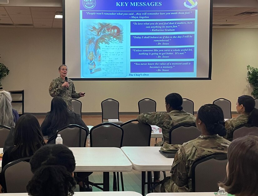 U.S. Air Force Col. Catherine Logan, 11th Wing and Joint Base Anacostia-Bolling commander, speaks during the Women’s History Month event at Joint Base Andrews, Md., March 17, 2023. Logan spoke on the importance of the observance and challenges she has had to overcome as a woman in the military. (U.S. Air Force photo by Airman 1st Class Austin Pate)