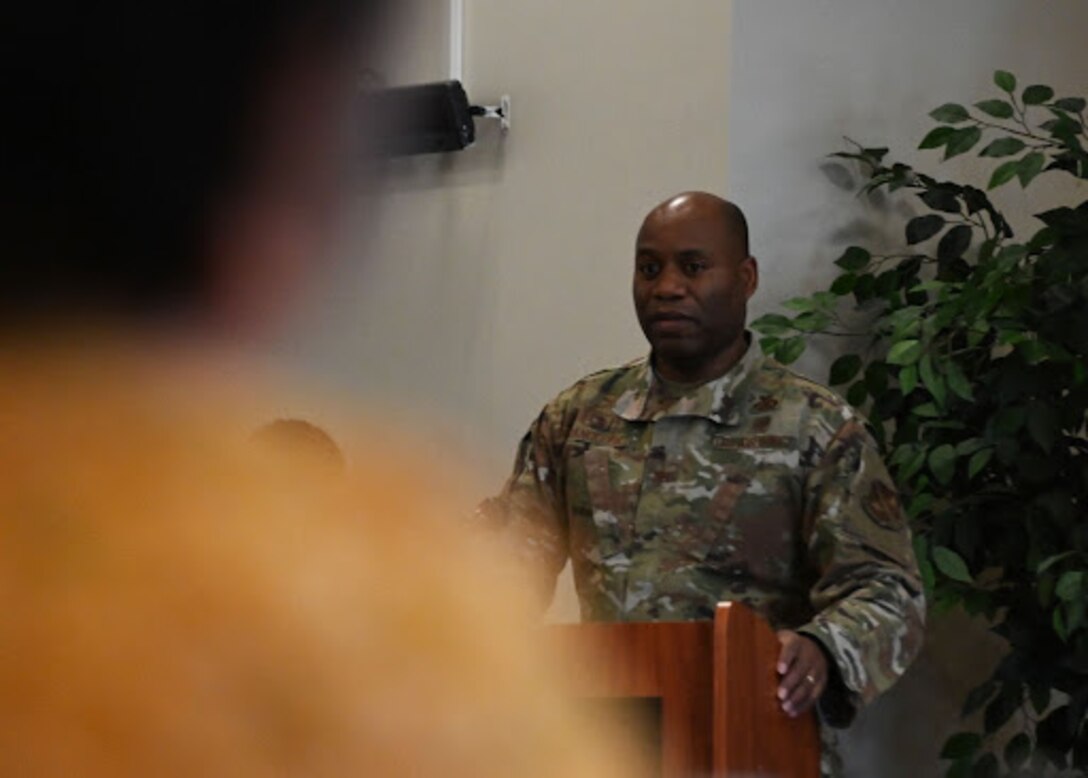 U.S. Air Force Col. Todd E. Randolph, 316th Wing and installation commander, delivers opening remarks at the Women’s History Month event at Joint Base Andrews, Md., March 17, 2023. The event featured multiple guest speakers, a women’s mentorship panel and booths from multiple helping agencies on base. (U.S. Air Force photo by Airman 1st Class Austin Pate)