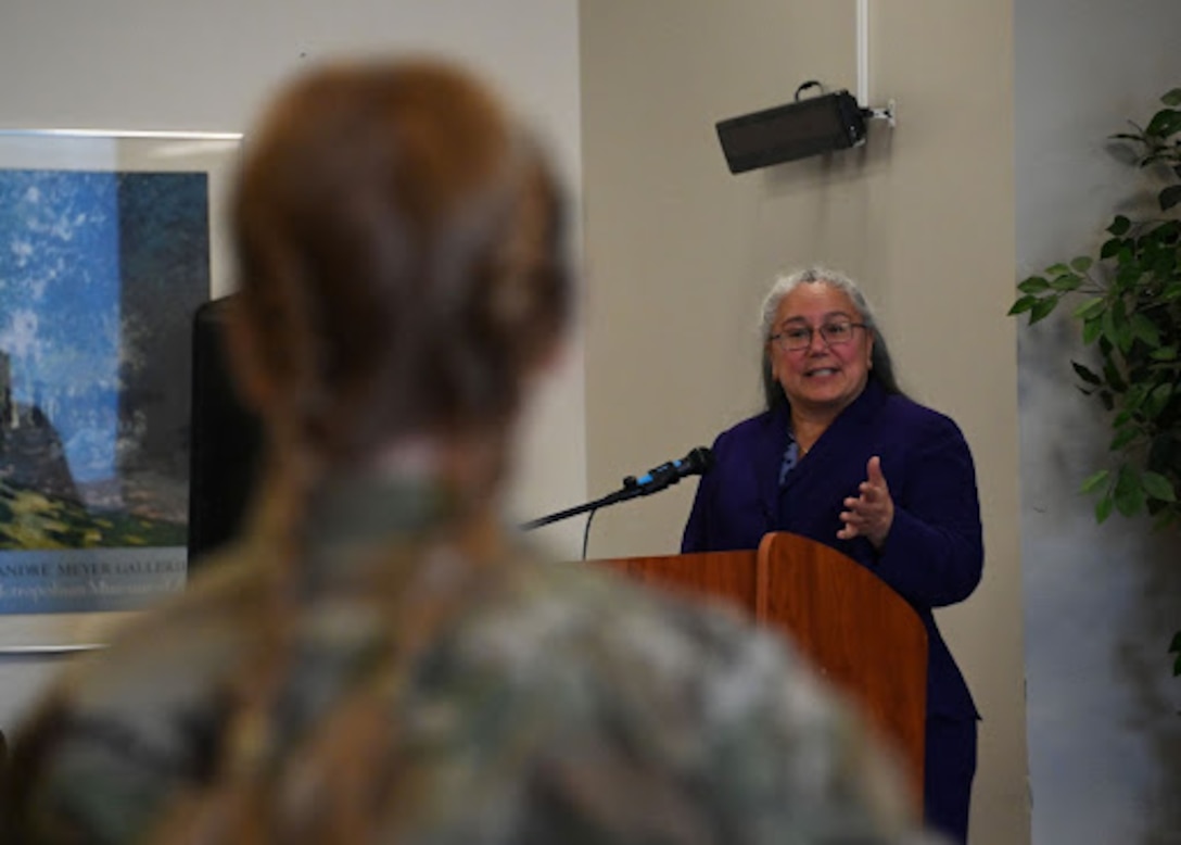 Dr. Maritza Lopez, Air Force District of Washington director of financial management and comptroller, speaks about the importance of celebrating Women’s History Month at Joint Base Andrews, Md., March 17, 2023. Women’s History Month was established in March 1987 when Congress passed publication L. 100-9. (U.S. Air Force photo by Airman 1st Class Austin Pate)