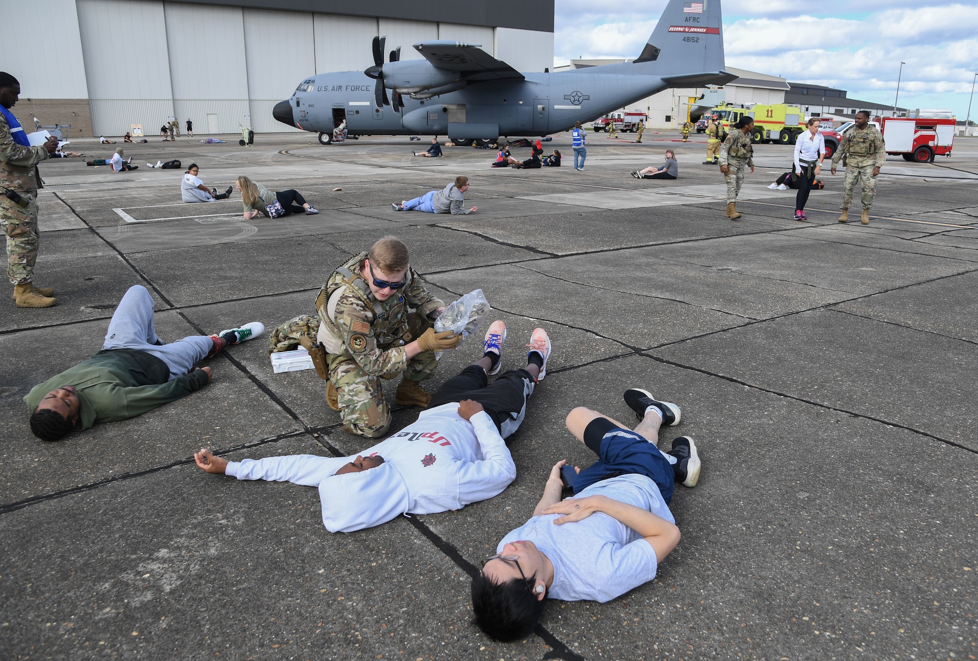 Keesler Air Force Base first responders arrive on scene during the aircraft mishap exercise at Keesler Air Force Base, Mississippi, March 16, 2023.