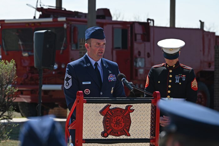 U.S. Air Force Senior Master Sgt. Jeffrey Trueman, 312th Training Squadron flight chief, speaks during the annual Department of Defense Fallen Firefighter Memorial Service, Goodfellow Air Force Base, Texas, March 17, 2023. The ceremony included the firefighters' prayer, a lowering of the flag to half-staff, and the firefighters’ final call. (U.S. Air Force photo by Senior Airman Ashley Thrash)