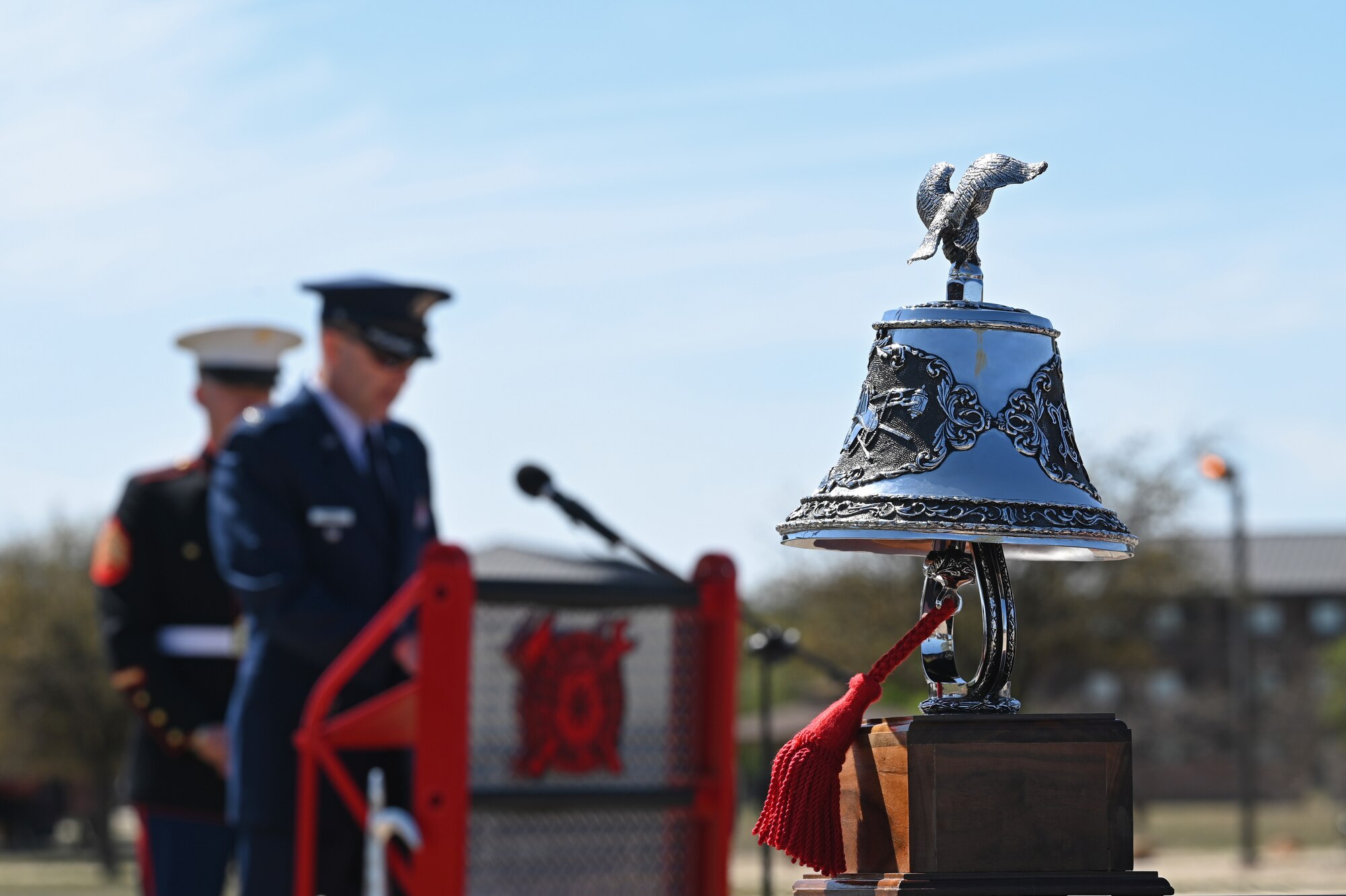 U.S. Air Force Col. Christopher Corbett, 17th Training Wing vice commander, speaks during the annual Department of Defense Fallen Firefighter Memorial Service, Goodfellow Air Force Base, Texas, March 17, 2023. Corbett spoke on the importance of first responders and the vital role fire protection training plays throughout the wing. (U.S. Air Force photo by Senior Airman Ashley Thrash)