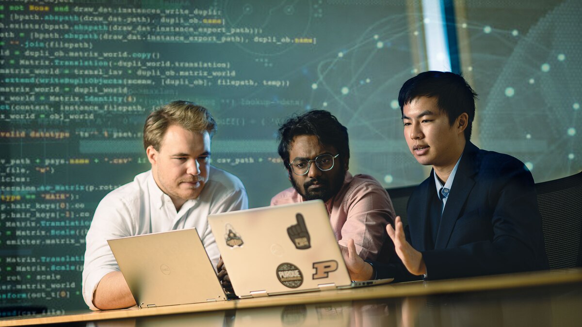 Students at Purdue University collaborate to develop an algorithm using industry-dictated aeronautical engineering principles that also allow for measurable cybersecurity. The Air Force Research Laboratory’s, or AFRL, Regional Hub Network began its second year of the five- year experiment working with Purdue University. The pilot initiative, launched in February 2022, serves as a system comprised of partners across the Mid-Atlantic and Midwest with Cornell and Purdue universities as peer leaders. (Photo illustration / Purdue University)