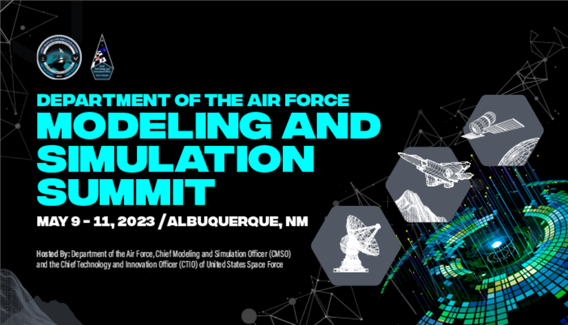 The Department of the Air Force will host its Air Force Modeling and Simulation Summit at The Clyde Hotel in Albuquerque, N.M., May 9-11, 2023. The summit supports the implementation of the DAF M&S Strategy by bringing together more than 100 Department of Defense, industry, academia and international partners. (U.S. Air Force graphic)