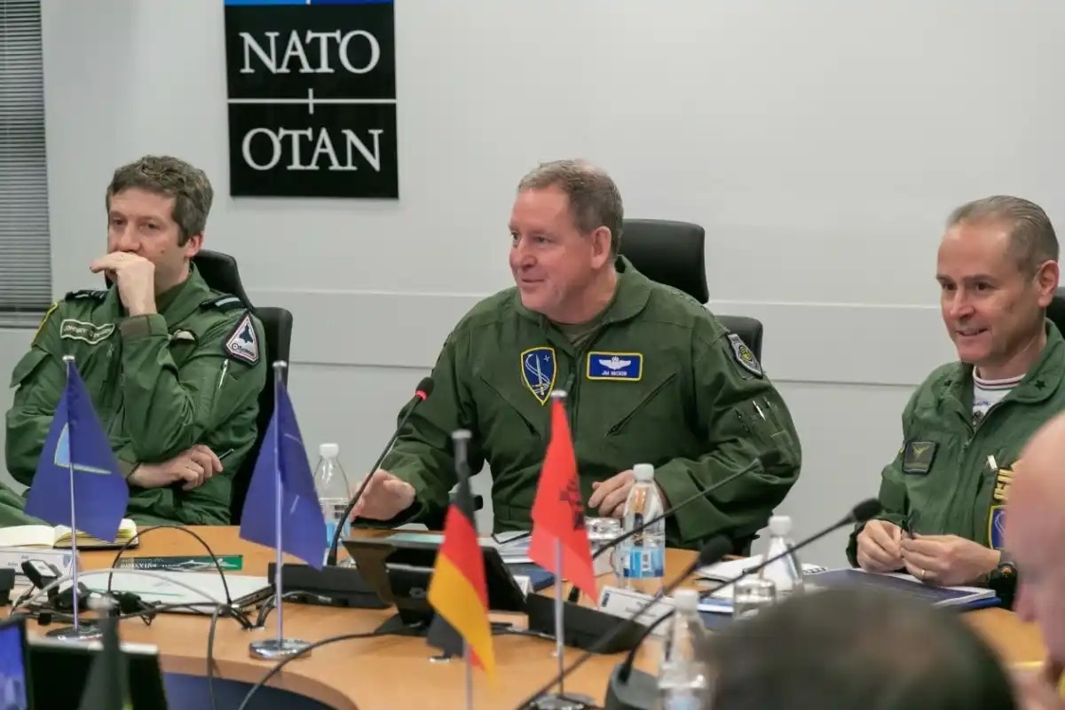 Royal Air Force Air Marshal Johnny Stringer, U.S. Air Forces in Europe-Air Forces Africa Commander U.S. Air Force Gen. James Hecker and Italian Air Force Chief of Staff Maj. Gen. Gianluca Ercolani participate in a panel during the bi-annual NATO Air Chiefs’ Symposium at Ramstein Air Base, Germany, March 16, 2023. The NACS allows all allied and partner Air Chiefs to come together and collaborate on shared success and combined opportunities in the future.  (NATO photo by Arnaud Chamberlin)