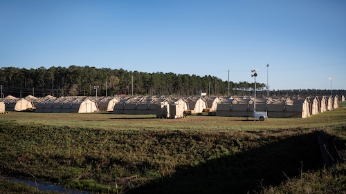 Twenty tents, referred to as "tent city", is where multiple Airmen from multiple units slept during AGILE FLAG 23-1 at Hunter Army Airfield, Georgia, March 5, 2023.