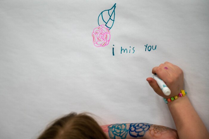An Airman's child writes a message to all the 934th Airlift Wing's deployers in Minneapolis-St. Paul Air Reserve Station on Feb. 25, 2023. More than 135 Airmen recently deployed to support Operation East Africa Counter-Terrorism's mission to conduct operations to enhance partner nation capacity, promote regional peace and stability, dissuade conflict, and protect U.S. and coalition interests. (U.S. Air Force photo by Staff Sgt. Timothy Leddick)