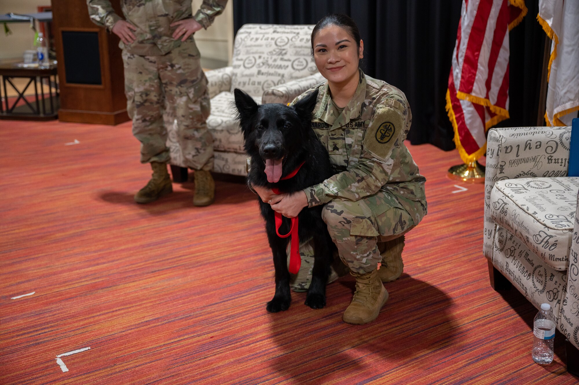 Military Working Dog Cento during his retirement ceremony at Misawa Air Base, Japan, March 6, 2023. Cento served for eight years patrolling the installation, detecting explosives as well as controlled substances, and performing intrusion detection. (U.S. Air Force photo by Staff Sgt. Caroline Parks)
