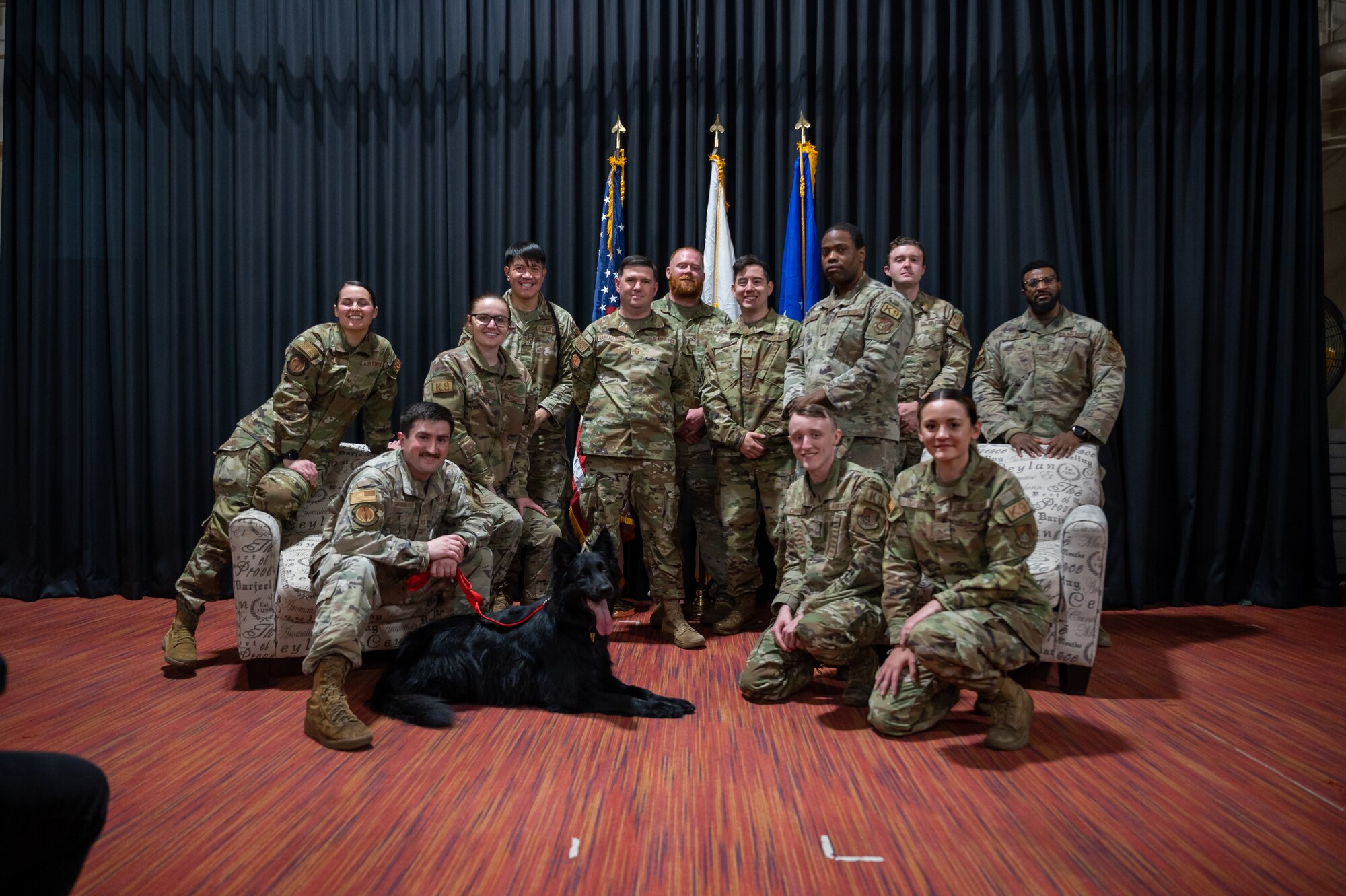 Military Working Dog Cento during his retirement ceremony at Misawa Air Base, Japan, March 6, 2023. Cento served for eight years patrolling the installation, detecting explosives as well as controlled substances, and performing intrusion detection. (U.S. Air Force photo by Staff Sgt. Caroline Parks)