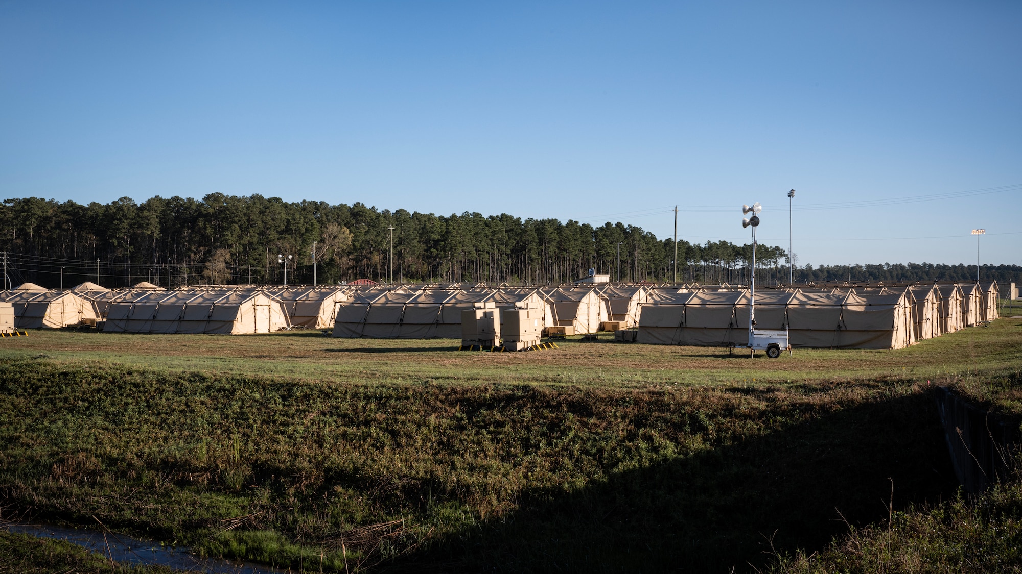 Twenty tents, referred to as "tent city", is where multiple Airmen from multiple units slept during AGILE FLAG 23-1 at Hunter Army Airfield, Georgia, March 5, 2023.