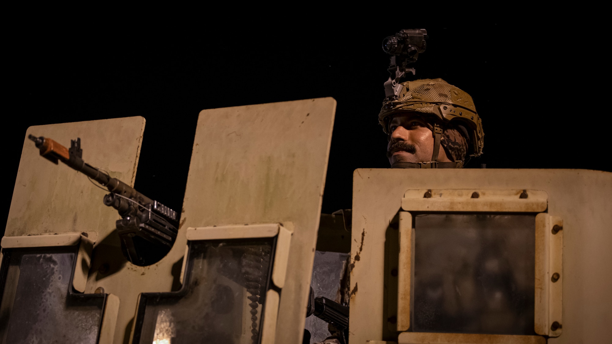 Tech. Sgt. Jamian Carrasquillo, a 824th Base Defense Group from Moody Air Force Base, Georgia, fire team member surveys the perimeter at a forward operating site during AGILE FLAG 23-1 at Hunter Army Airfield, GA, March 4, 2023.