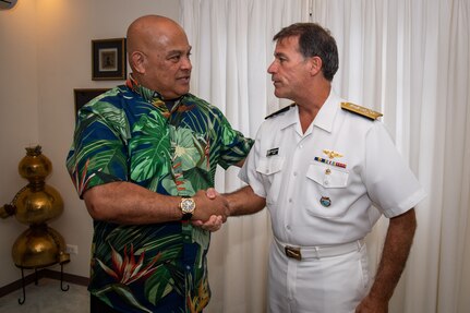 KOLONIA, Pohnpei, Federated States of Micronesia  (March 18, 2023) Adm. John C. Aquilino, Commander U.S. Indo-Pacific Command, meets with President David Panuelo during an overseas trip to the Federated States of Micronesia. USINDOPACOM is committed to enhancing stability in the Asia-Pacific region by promoting security cooperation, encouraging peaceful development, responding to contingencies, deterring aggression and, when necessary, fighting to win. (U.S. Navy photo by Chief Mass Communication Specialist Shannon M. Smith)