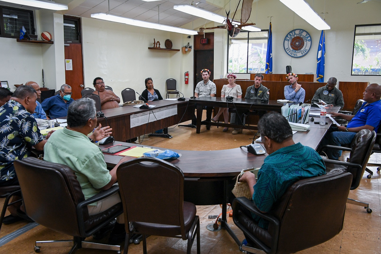 COLONIA, Yap, Federated States of Micronesia  (March 17, 2023) Adm. John C. Aquilino, Commander U.S. Indo-Pacific Command, meets with senior government leaders in the Yap State Legislature during an overseas trip to the Federated States of Micronesia. USINDOPACOM is committed to enhancing stability in the Asia-Pacific region by promoting security cooperation, encouraging peaceful development, responding to contingencies, deterring aggression and, when necessary, fighting to win. (U.S. Navy photo by Chief Mass Communication Specialist Shannon M. Smith)