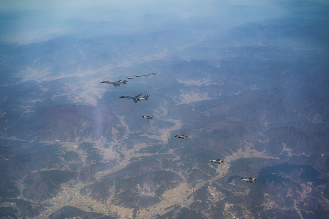 The Republic of Korea and U.S. conduct a combined aerial exercise in conjunction with the deployment of U.S. B-1B strategic bombers over the Republic of Korea, March 19, 2023. 
Combined flight operations provide the U.S. and its allies the opportunity to improve interoperability and demonstrate a combined defense capability. The U.S. remains committed to peace and prosperity through the region to secure a free and open Indo-Pacific. Our commitment to the defense of the Republic of Korea remains ironclad. (U.S. Air Force photo by 1st Lt. Cameron Silver)