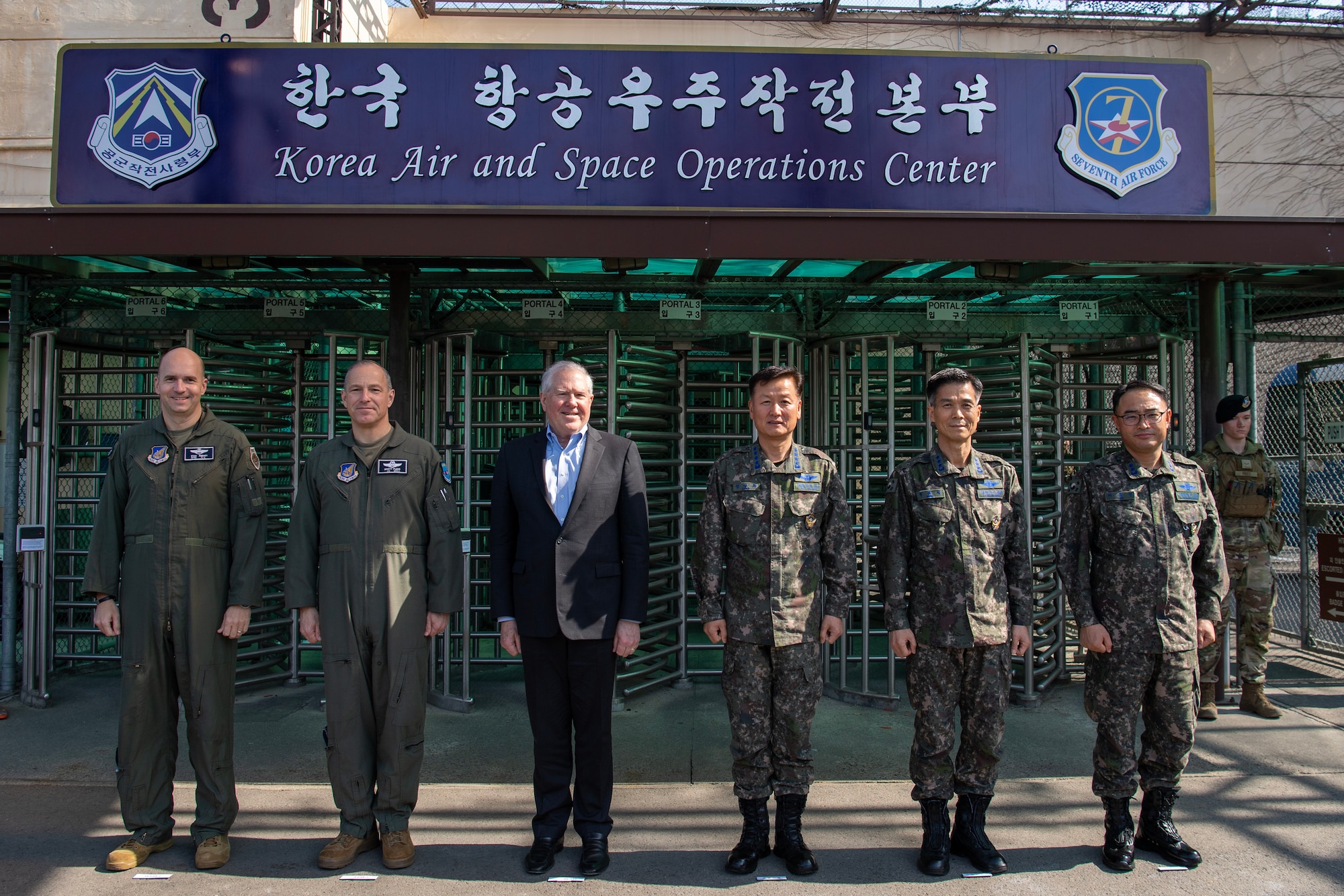 The Honorable Frank Kendall, Secretary of the U.S. Air Force (middle-left), stands for a photo with Gen. Sang-hwa Jung, Chief of Staff of the Republic of Korea Air Force (ROKAF) (middle-right), and other senior leaders from the USAF and ROKAF, March 19, 2023, at Osan Air Base, Republic of Korea.