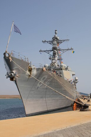 USS Bulkeley (DDG 84) is moored in Sal Island, Cabo Verde, during a scheduled port visit in support of the African Maritime Forces Summit (AMFS), Mar. 19, 2023. Hosted by U.S. Naval Forces Europe and Africa (NAVEUR-NAVAF), the African Maritime Forces Summit (AMFS) is a strategic-level forum that brings African maritime and naval infantry leaders together with their international partners to address transnational maritime security challenges within African waters including the Atlantic Ocean, Indian Ocean, and Mediterranean Sea.