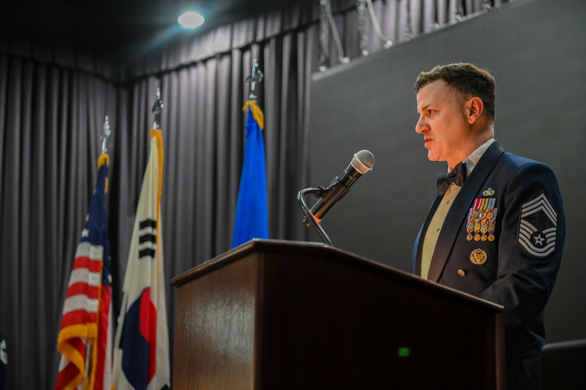 U.S Air Force Chief Master Sgt. David Weaver, 51st Comptroller Squadron senior enlisted leader, speaks during a Chief Recognition Ceremony at Osan Air Base, Republic of Korea, March 17, 2023.