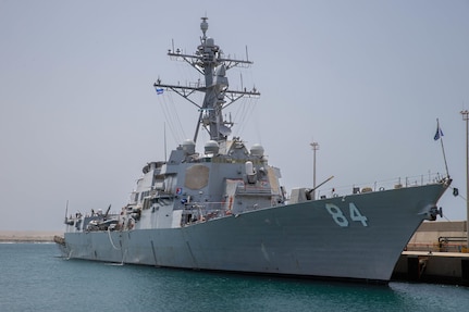 USS Bulkeley (DDG 84) is moored in Sal Island, Cabo Verde, during a scheduled port visit in support of the African Maritime Forces Summit (AMFS), Mar. 19, 2023. Hosted by U.S. Naval Forces Europe and Africa (NAVEUR-NAVAF), the African Maritime Forces Summit (AMFS) is a strategic-level forum that brings African maritime and naval infantry leaders together with their international partners to address transnational maritime security challenges within African waters including the Atlantic Ocean, Indian Ocean, and Mediterranean Sea.