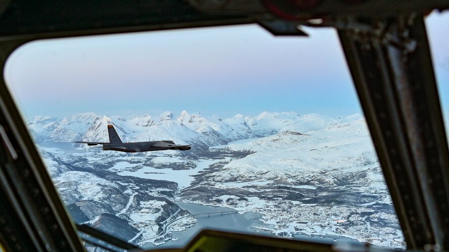 A B-52H Stratofortress assigned to the 23rd Expeditionary Bomb Squadron flies over Norway during a Bomber Task Force mission March 16, 2023. Bomber Task Force missions demonstrate the credibility of our forces to address a global security environment that is more diverse and uncertain than at any other time in recent history. (U.S. Air Force photo by Senior Airman Zachary Wright)