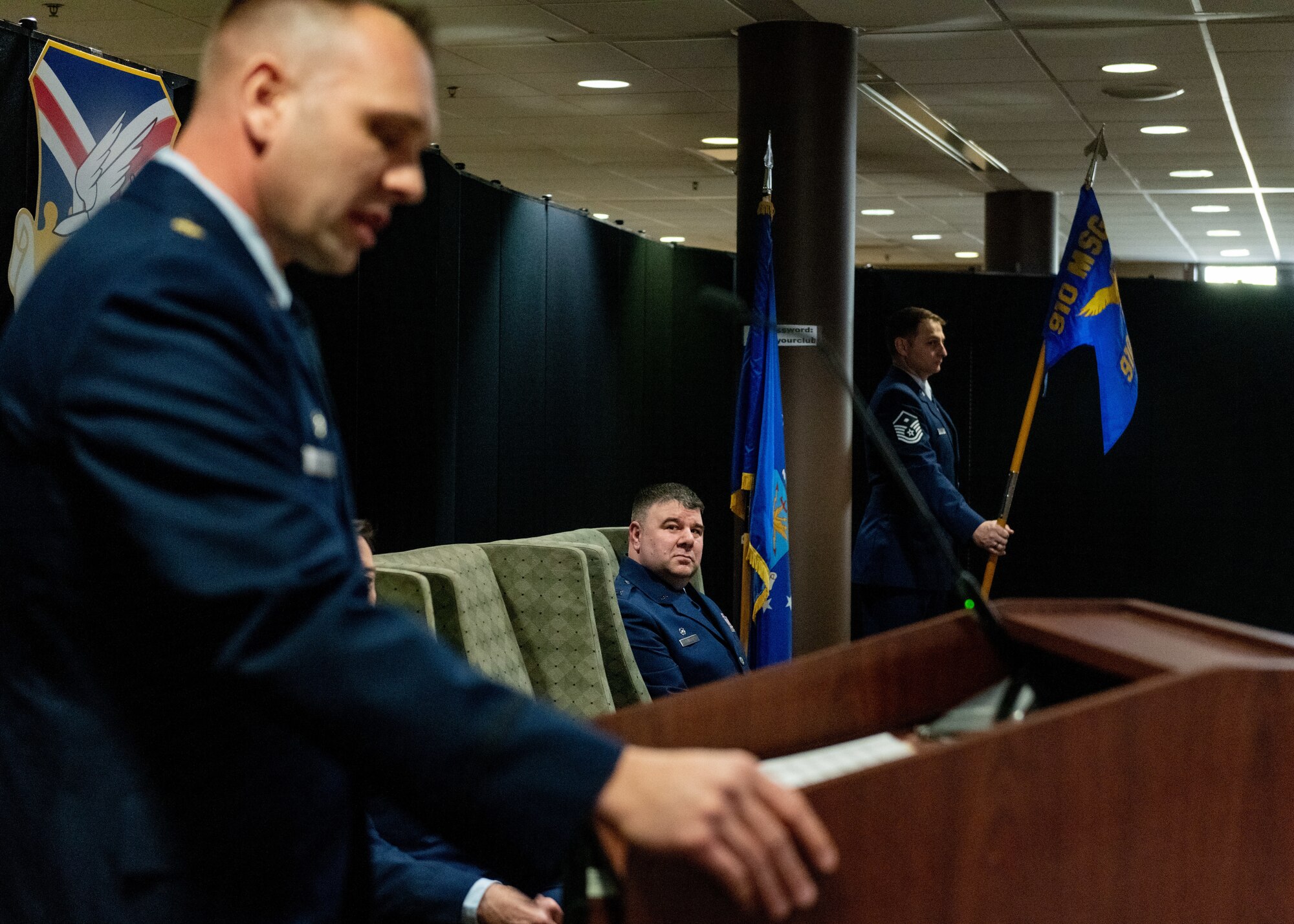 Maj. Nicholas Megyesi, the outgoing commander of the 910th Security Forces Squadron, speaks to his Airmen and leadership, Feb. 4, 2023, at the unit’s change of command ceremony at Youngstown Air Reserve Station, Ohio.