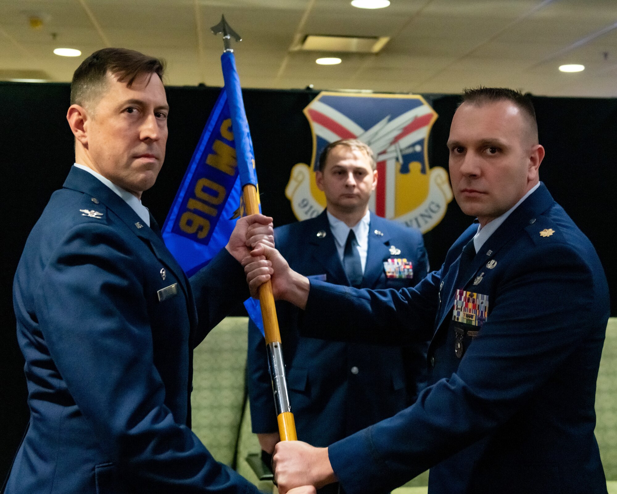 Maj. Nicholas Megyesi, the outgoing commander of the 910th Security Forces Squadron, relinquishes command to Col. Gregory Meyer, commander of the 910th Mission Support Group, Feb. 4, 2023, at the unit’s change of command ceremony at Youngstown Air Reserve Station, Ohio.