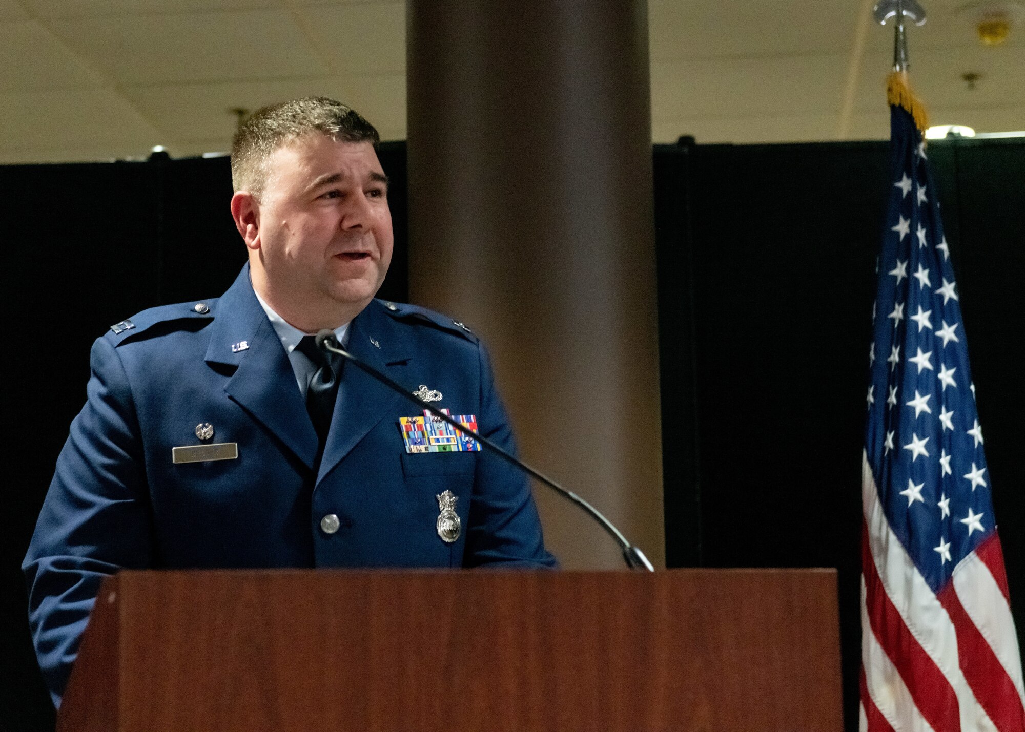 Capt. Robert Reader, the commander of the 910th Security Forces Squadron, speaks to his Airmen and leadership, Feb. 4, 2023, at the unit’s change of command ceremony at Youngstown Air Reserve Station, Ohio. During the ceremony, Maj. Nicholas Megyesi transferred command to Reader.