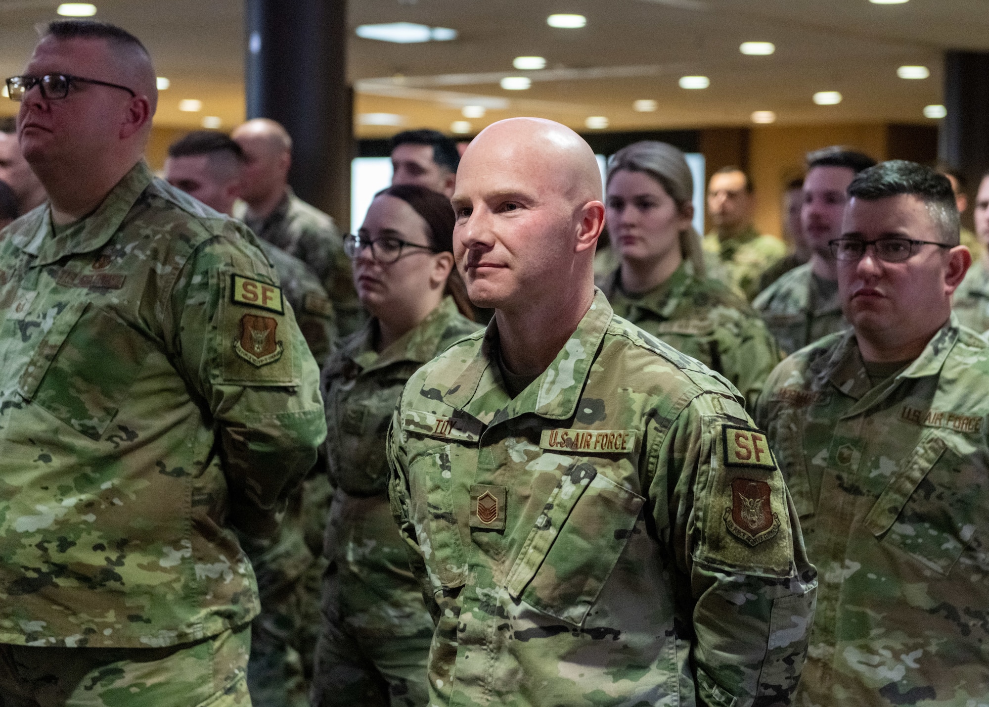 Defenders assigned to the 910th Security Forces Squadron watch their unit’s change of command ceremony, Feb. 4, 2023, at Youngstown Air Reserve Station, Ohio. During the ceremony, Maj. Nicholas Megyesi transferred command to Capt. Robert Reader.