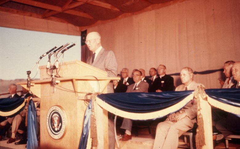 McNary Lock and Dam was dedicated on September 23, 1954. The ceremony became a major event, including food stands, traffic control, performances by multiple high school bands, a flying demonstration by the Navy’s “Blue Angels,” and a water show performed by the Tri-City Aqua Acrobats. The dedication ceremony was performed by Dwight D. Eisenhower, 34th president of the United States. An estimated 40,000 people attended the dedication.