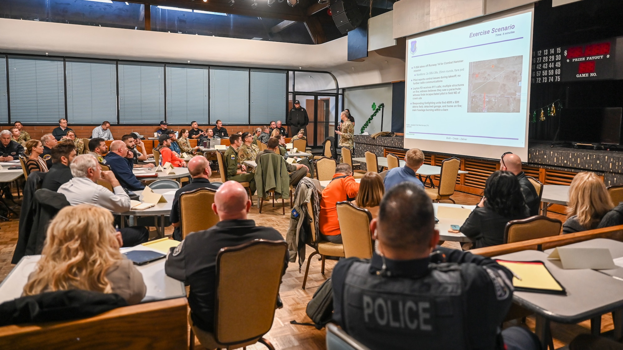 Local city and state organizations met with base officials March 15, 2023, at Hill Air Force Base, Utah, to discuss how to operate in a multi-agency response to an aircraft accident