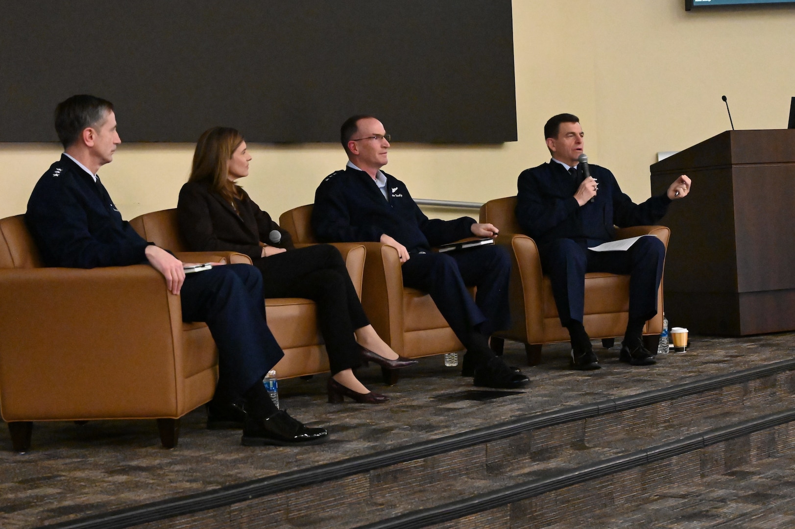 From left: U.S. Air Force Lt. Gen. Kevin Schneider, director of staff, Air Force; Katharine Kelley, deputy chief of Space operations for human capital; Lt. Gen. John Healy, chief, Air Force Reserve, and Lt. Gen. Michael Loh, director, Air National Guard, field questions during the 2023 Total Force Symposium at Joint Base Andrews, Maryland, March 15, 2023.