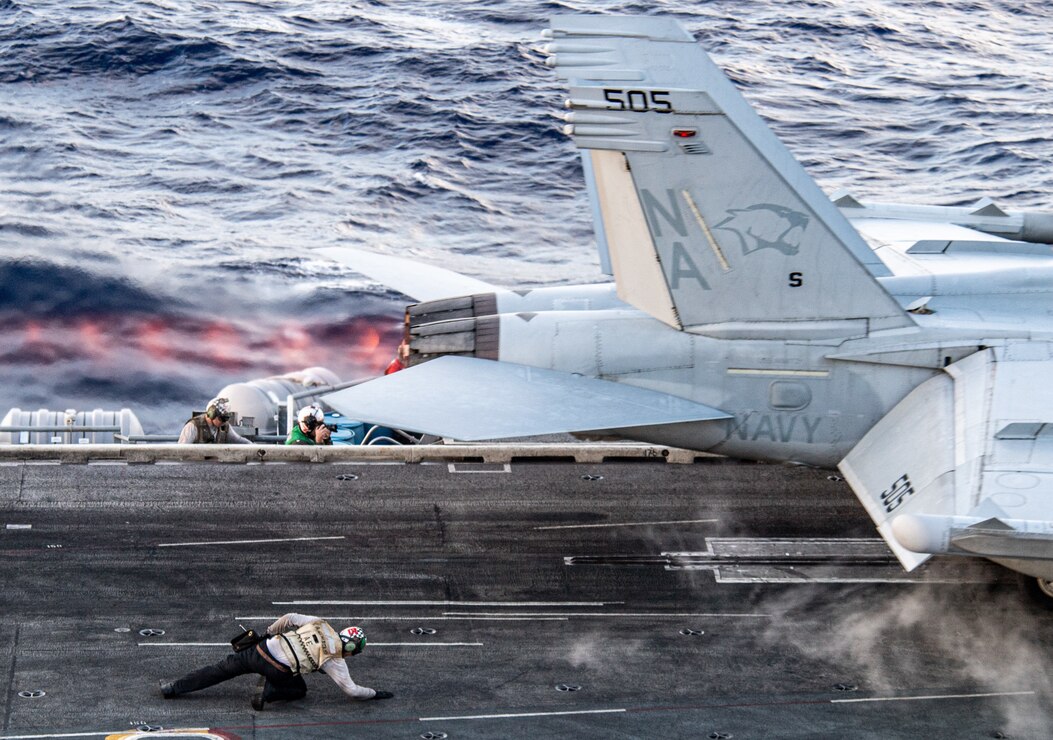 230106-N-MJ302-1166 PHILIPPINE SEA (Jan. 6, 2023) An E/A-18G Growler from the “Cougars” of Electronic Attack Squadron (VAQ) 139 launches from the aircraft carrier USS Nimitz (CVN 68). Nimitz is in 7th Fleet conducting routine operations. 7th Fleet is the U.S. Navy's largest forward-deployed numbered fleet, and routinely interacts and operates with 35 maritime nations in preserving a free and open Indo-Pacific region. (U.S. Navy photo by Mass Communication Specialist 2nd Class David Rowe)