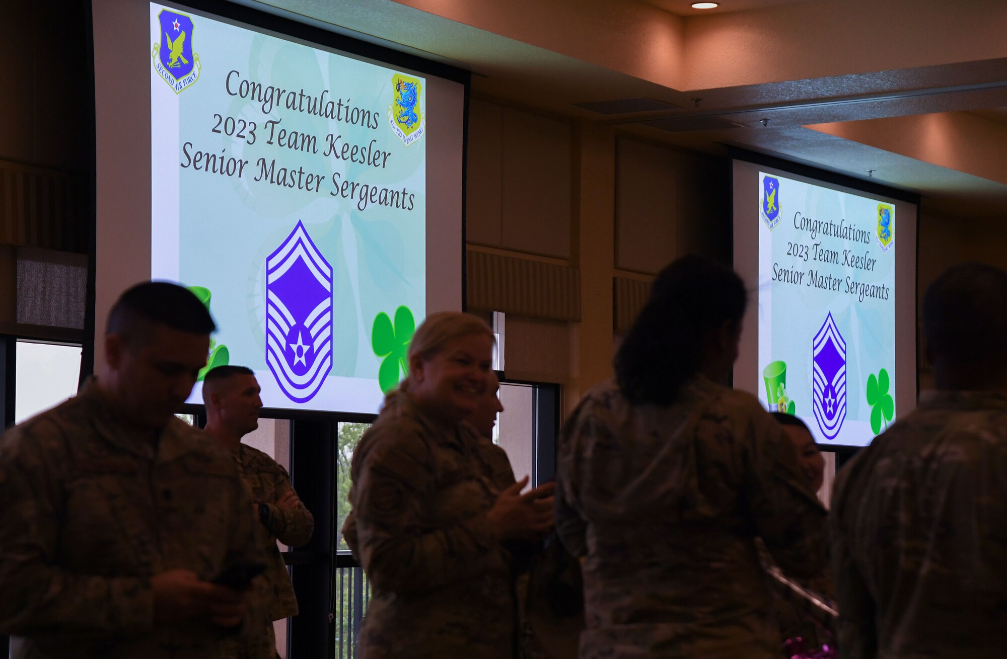 Keesler personnel and family members attend the Senior Master Sergeant Promotion Release Ceremony inside the Bay Breeze Event Center at Keesler Air Force Base, Mississippi, March 17, 2023.