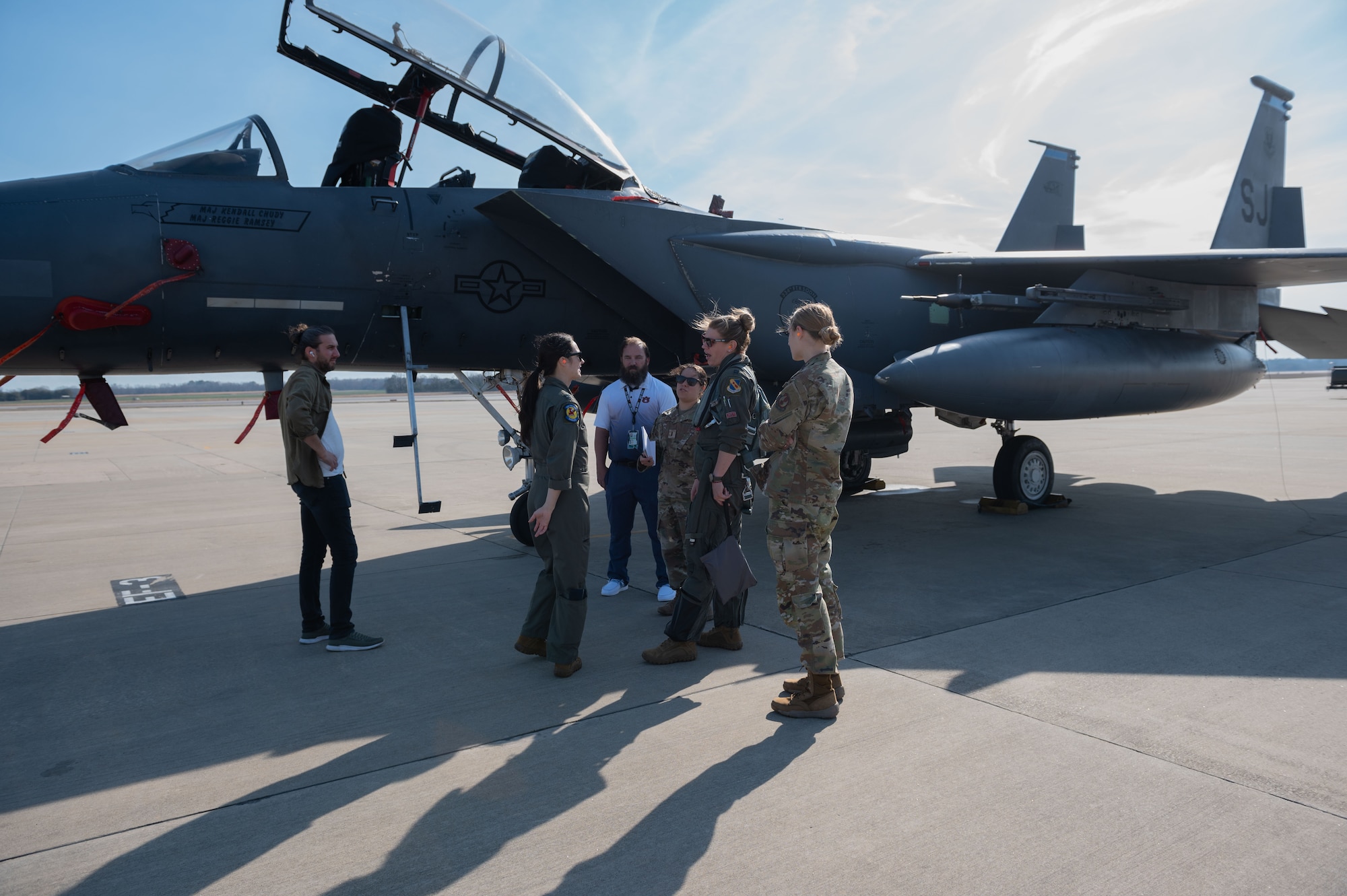 Airmen assigned to the 4th Fighter Wing and the 46th Test Squadron, Eglin Air Force Base, discuss a future bladder relief system at Seymour Johnson Air Force Base, North Carolina, Feb. 15, 2023. The Air Force is looking for new in-flight bladder relief systems to improve the health and safety of female aircrew. (U.S. Air Force photo by Airman 1st Class Rebecca Sirimarco-Lang)