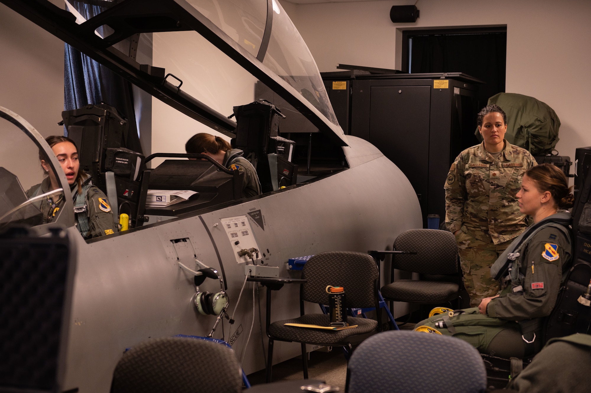 The first group of female pilots assigned to the 4th Fighter Wing begin their first day of ground testing an in-flight bladder relief system at Seymour Johnson Air Force Base, North Carolina, Feb. 15, 2023. The test requires units to perform ground integration events with the system and the aircraft and will provide human systems integration feedback (U.S. Air Force photo by Airman 1st Class Rebecca Sirimarco-Lang)