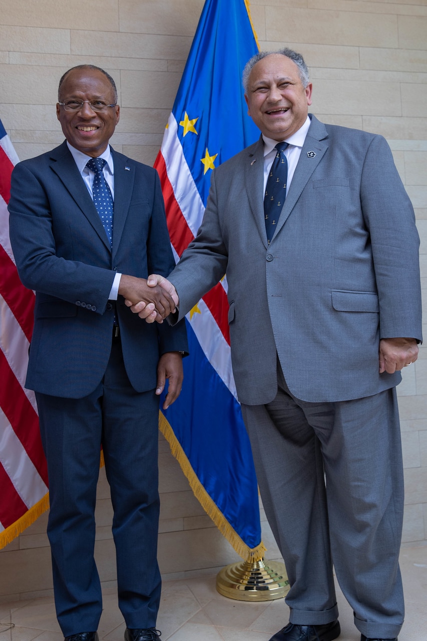 Ulisses Correia e Silva, Prime Minister of the Republic of Cabo Verde (left) and the Honorable Carlos Del Toro, Secretary of the Navy, shake hands at the African Maritime Forces Summit (AMFS), March 20, 2023. The African Maritime Forces Summit (AMFS), hosted by U.S. Naval Forces Europe and Africa (NAVEUR-NAVAF), is a strategic-level forum that brings African maritime and naval infantry leaders together with their international partners to address transnational maritime security challenges within African waters including the Atlantic Ocean, Indian Ocean, and Mediterranean Sea.