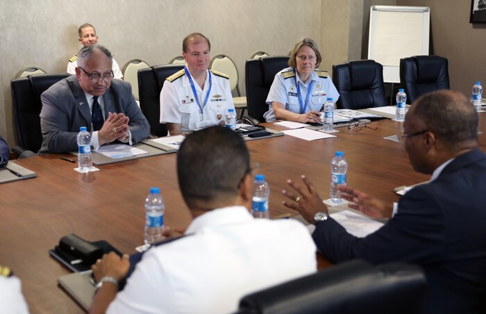 (March 20, 2023) Secretary of the Navy Carlos Del Toro (Left), U.S. Navy Adm. Stuart B. Munsch, Commander of U.S. Naval Forces Europe and Africa (NAVEUR-NAVAF) (Center), and Adm. Linda Fagan, Commandant of the United States Coast Guard meet with the Republic of Cabo Verde’s Prime Minister Ulisses Correa e Silva during the African Maritime Forces Summit (AMFS), Mar. 20 2023. Hosted by NAVEUR-NAVAF, the AMFS is a strategic-level forum that brings African maritime and naval infantry leaders together with their international partners to address transnational maritime security challenges within African waters including the Atlantic Ocean, Indian Ocean, and Mediterranean Sea.