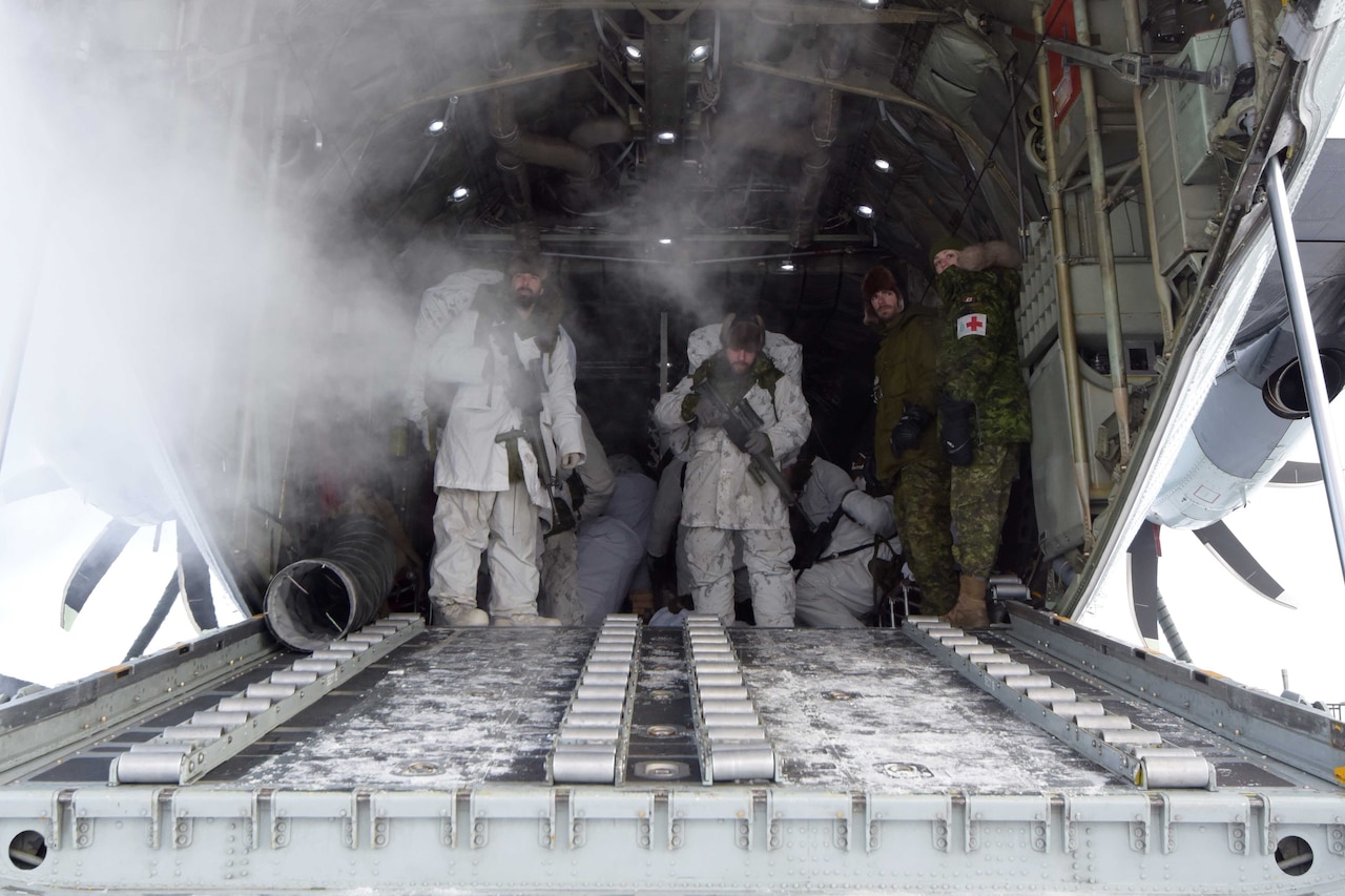 Soldiers stand inside an aircraft.