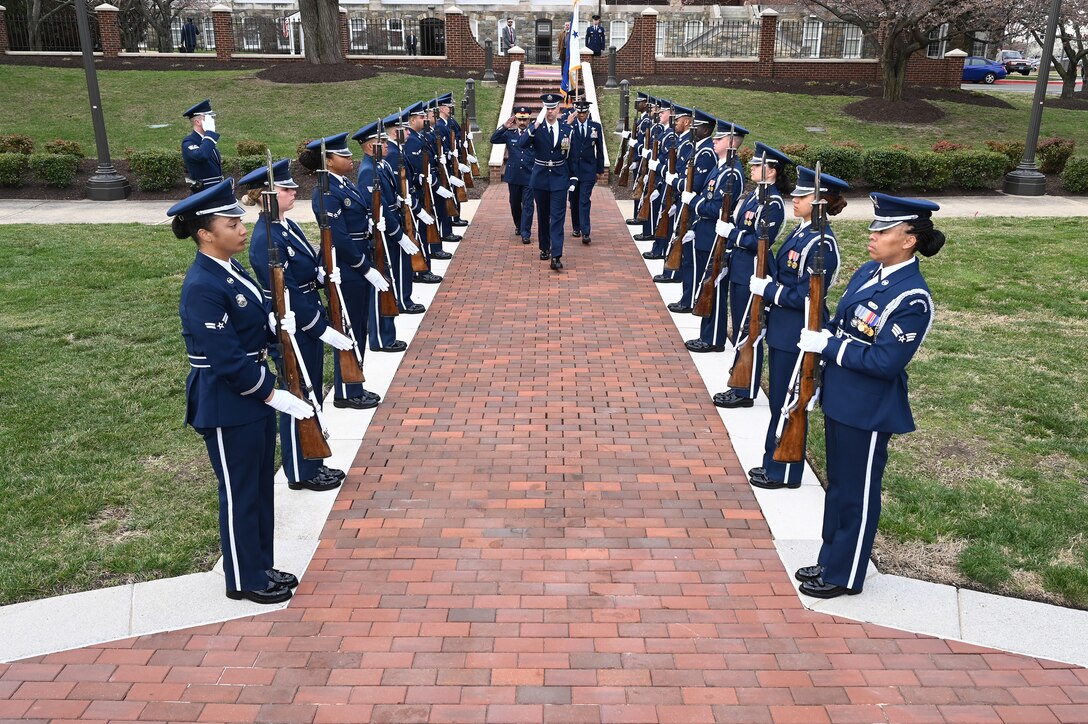 Air Force Chief of Staff Gen. CQ Brown, Jr. and Qatar Emiri Air Force Commander Maj. Gen. Jassim Al-Mannai inspect the Honor Guard during a welcome ceremony at Joint Base Anacostia-Bolling, Washington, D.C., March 16, 2023. The visit furthered the strong U.S.-Qatar partnership. (U.S. Air Force photo by Andy Morataya)