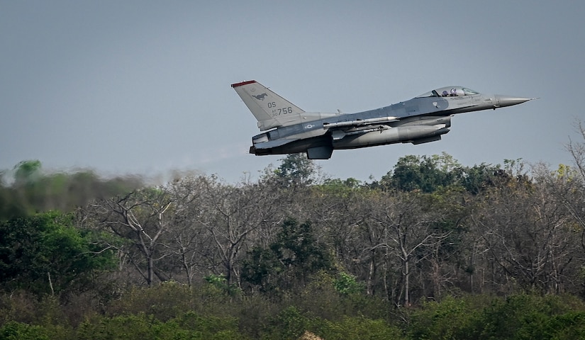 An U.S. Air Force F-16 fighting falcon, assigned to the 36th Fighter Squadron from Osan Air Base, Republic of Korea, takeoff from Korat Royal Thai Air Base, Kingdom of Thailand, Mar. 7, 2023, during Exercise Cobra Gold 2023.