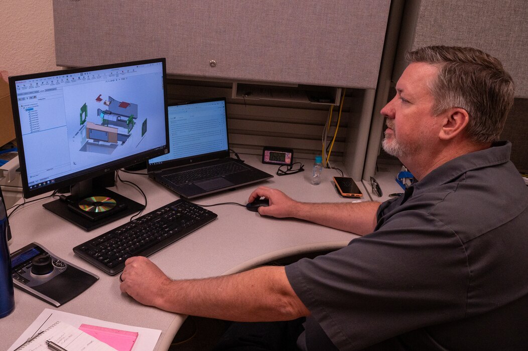 Donald Kuhl, Detachment 9 aerospace mechanical technician, designs an A-10 hands-on throttle and stick trainer, Mar. 13, 2023, at Luke Air Force Base, Arizona.