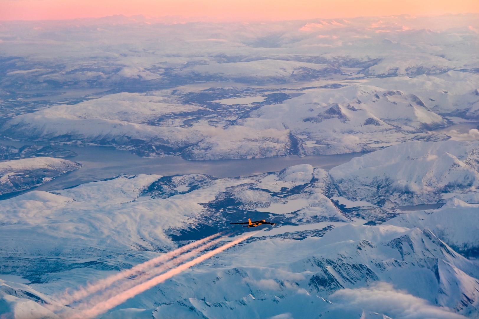 A B-52H Stratofortress assigned to the 23rd Expeditionary Bomb Squadron flies over Norway during a Bomber Task Force mission March 16, 2023. BTF missions familiarize aircrew with air bases and operations in different geographic combatant command areas of operations. (U.S. Air Force photo by Senior Airman Zachary Wright)