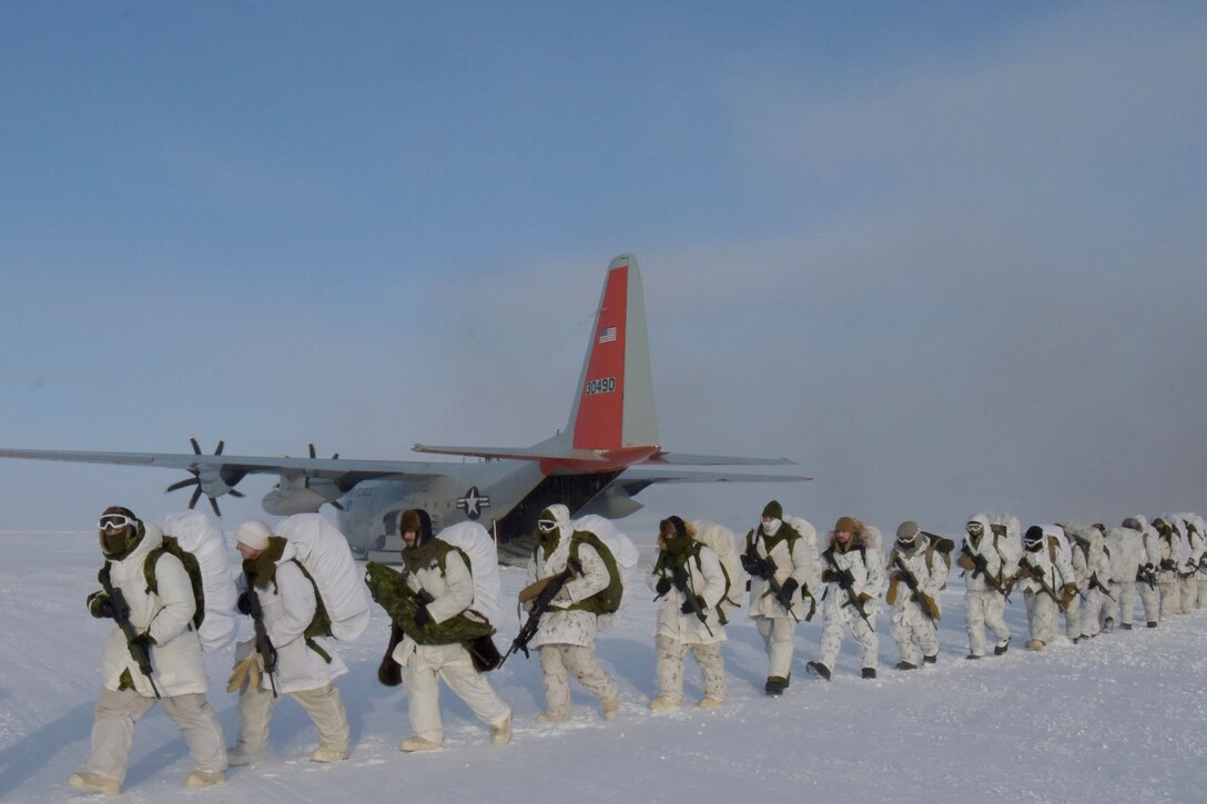 U.S. and Canadian soldiers wearing snow gear and carrying weapons walk in formation with an aircraft in the background.