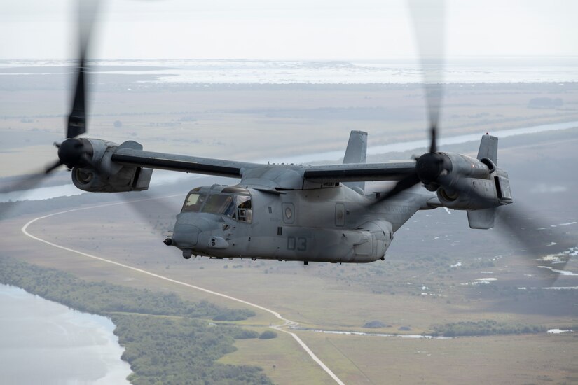 A U.S. Marine Corps MV-22B Osprey with Marine Medium Tiltrotor Squadron 161, Marine Aircraft Group 16, 3rd Marine Aircraft Wing, approaches Patrick Space Force Base, Florida, Feb. 2, 2023. U.S. Marines and Airmen participated in an alternate insertion and extraction exercise to enhance joint interoperability and techniques for personnel recovery.