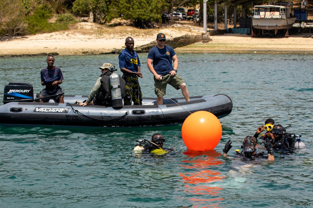 Sailors assigned to Underwater Construction Team (UCT) 1 work alongside Kenyan Navy divers during exercise Cutlass Express 23, March 15, 2022.