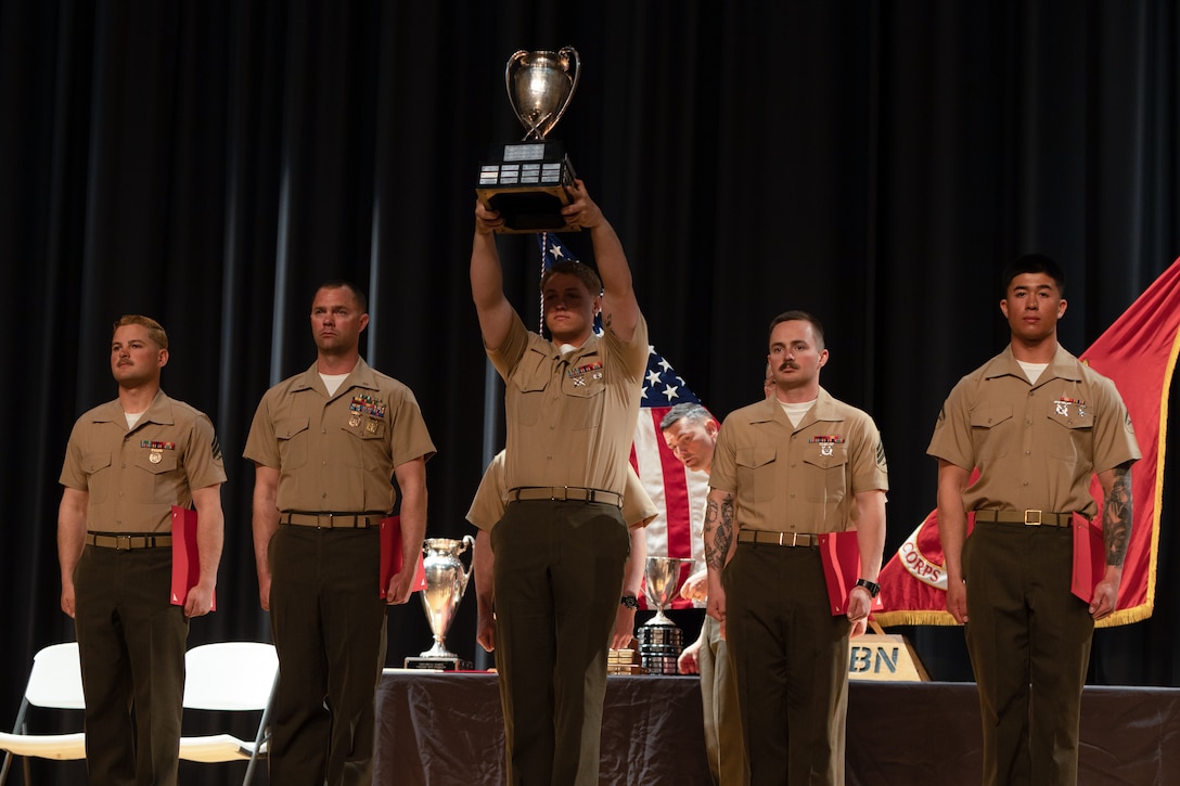 U.S. Marines with 2nd Battalion 8th Marines are awarded the Elliot Trophy at the 2023 Marine Corps Marksmanship Competition East Ceremony at the Base Theater on Marine Corps Base Camp Lejeune, North Carolina, March 17, 2023.   The Elliot Trophy is given to the winners of the rifle team match that belong to a unit of greater than or equal to 600 personnel at max strength.   (U.S. Marine Corps photo by Cpl. Zeta Johnson)