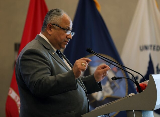 (March 20, 2023) Secretary of the Navy Carlos Del Toro delivers remarks during the African Maritime Forces Summit (AMFS), Mar. 20 2023. Hosted by U.S. Naval Forces Europe and Africa (NAVEUR-NAVAF), the AMFS is a strategic-level forum that brings African maritime and naval infantry leaders together with their international partners to address transnational maritime security challenges within African waters including the Atlantic Ocean, Indian Ocean, and Mediterranean Sea.