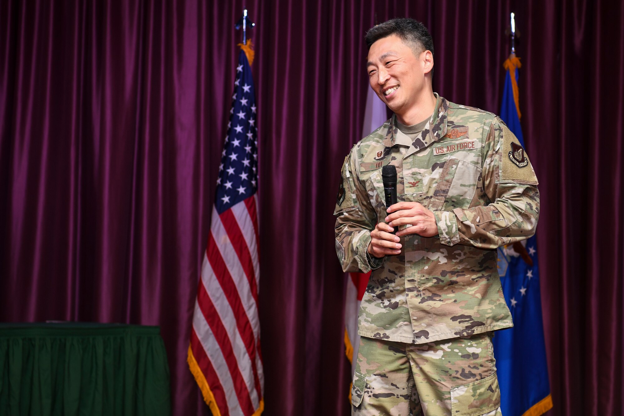 U.S. Air Force Col. Jun Oh, 374th Operations Group commander, gives closing remarks during a senior master sergeant release party at Yokota Air Base, Japan, March 17, 2023. Air Force officials selected 1,629 master sergeants for promotion to senior master sergeant, out of 16,031 eligible, for a selection rate of 10.16 percent in the 23E8 promotion cycle. (U.S. Air Force photo by Senior Airman Spencer Tobler)