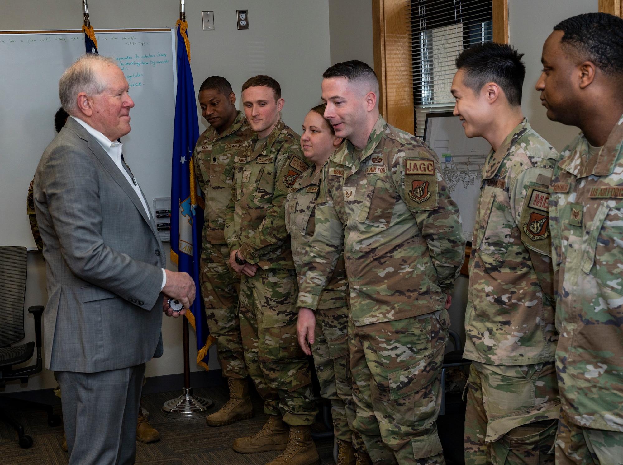 Secretary of the Air Force Frank Kendall speaks to Airmen assigned to the 51st Fighter Wing at Osan Air Base, Republic of Korea, March 20, 2023.